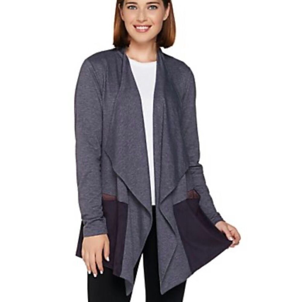 LOGO Lounge by Lori Goldstein French Terry Cardigan with Faux Suede Hem size Med